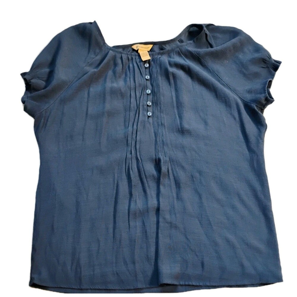 Bit & Bridle Women's L Blue Blouse Top‎ Pintuck Pleated Rayon Blend Short Sleeve
